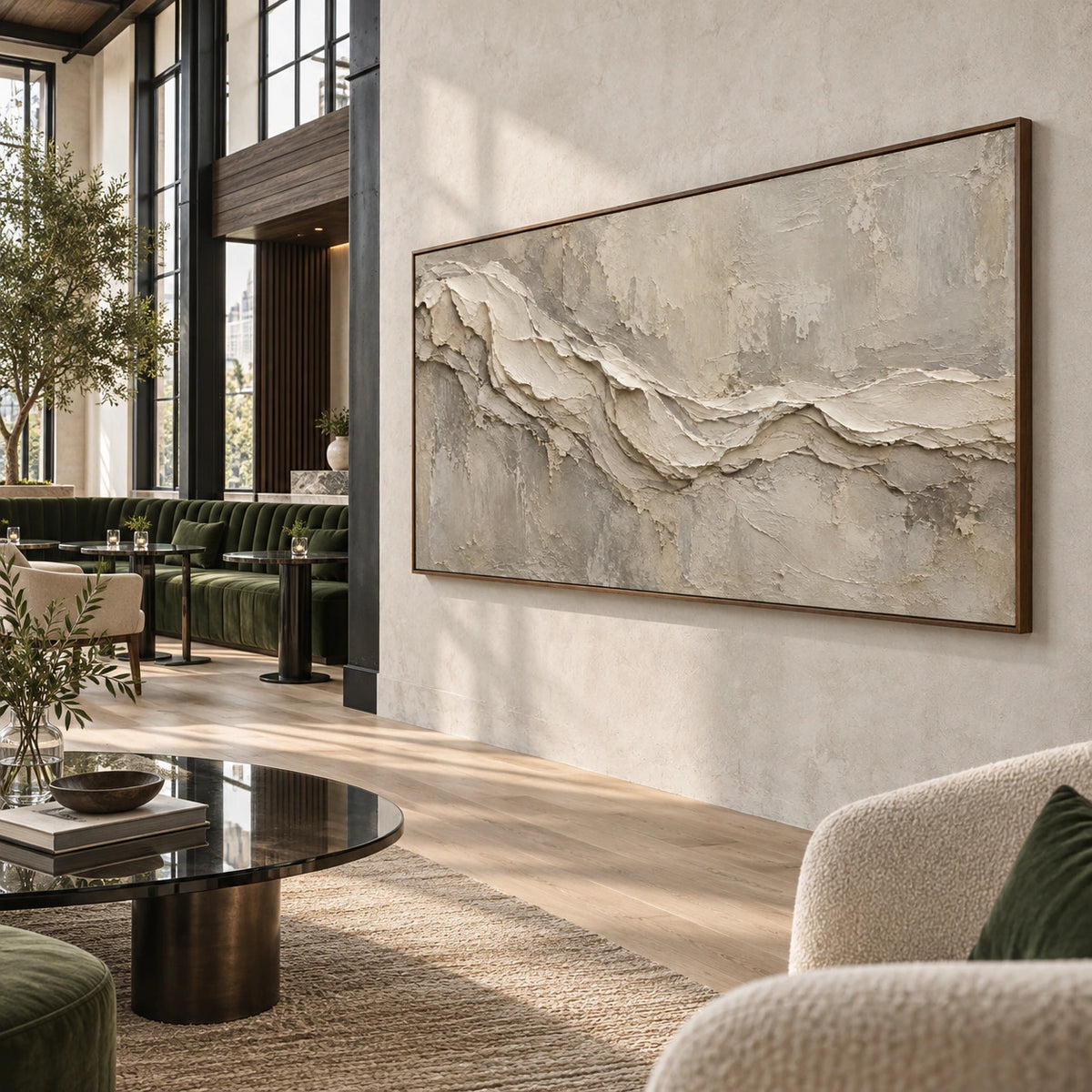 Tactile-Drift as a large focal artwork in an expansive loft hospitality interior.