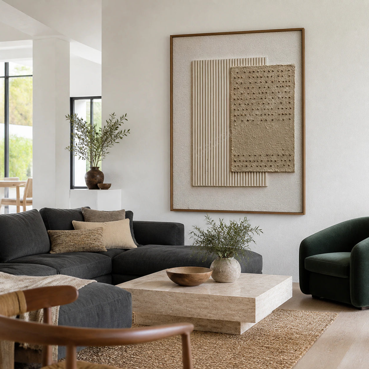 Tactile-Grid above a restrained sofa in a bright contemporary living room.