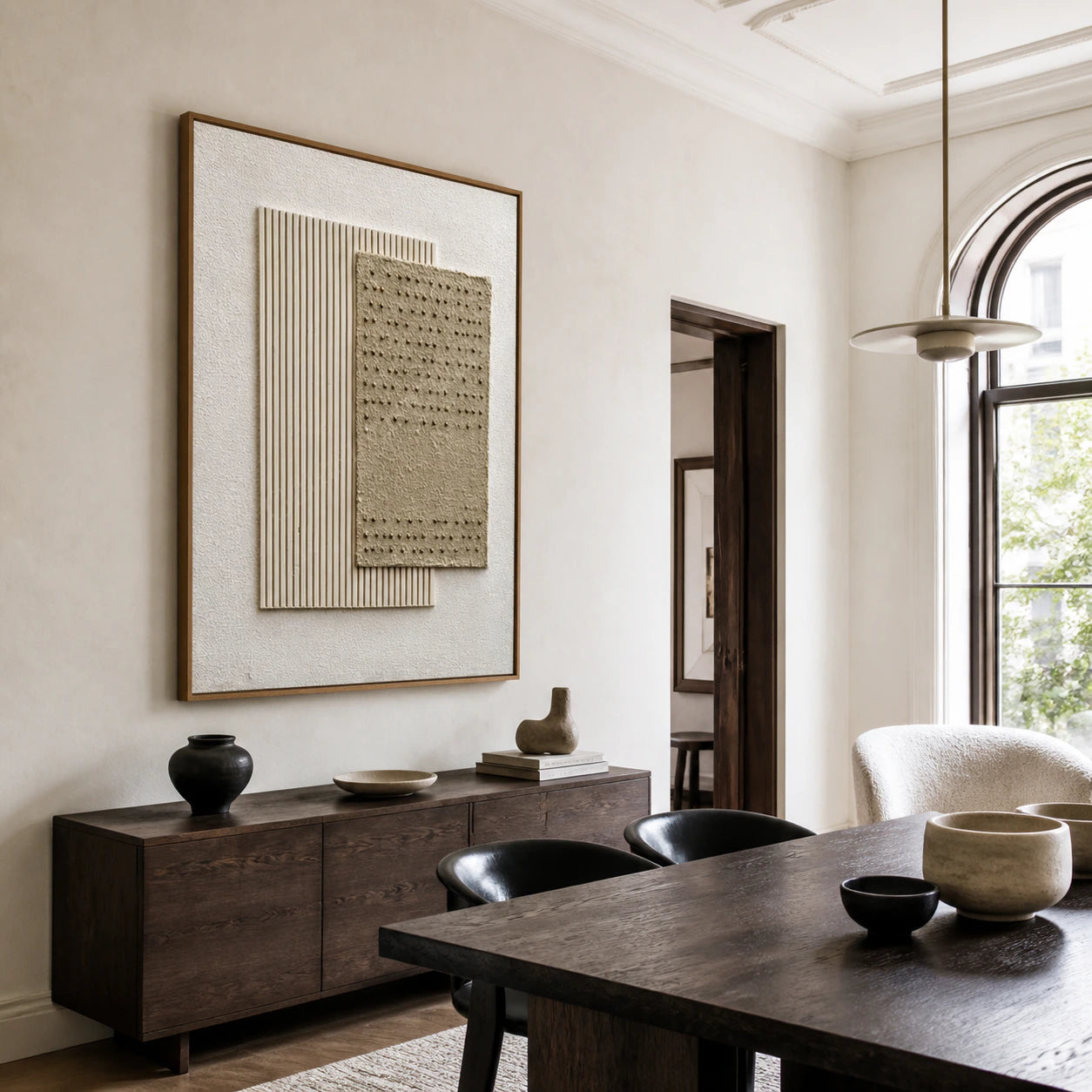 Tactile-Grid as the focal artwork in a refined daylight dining room.