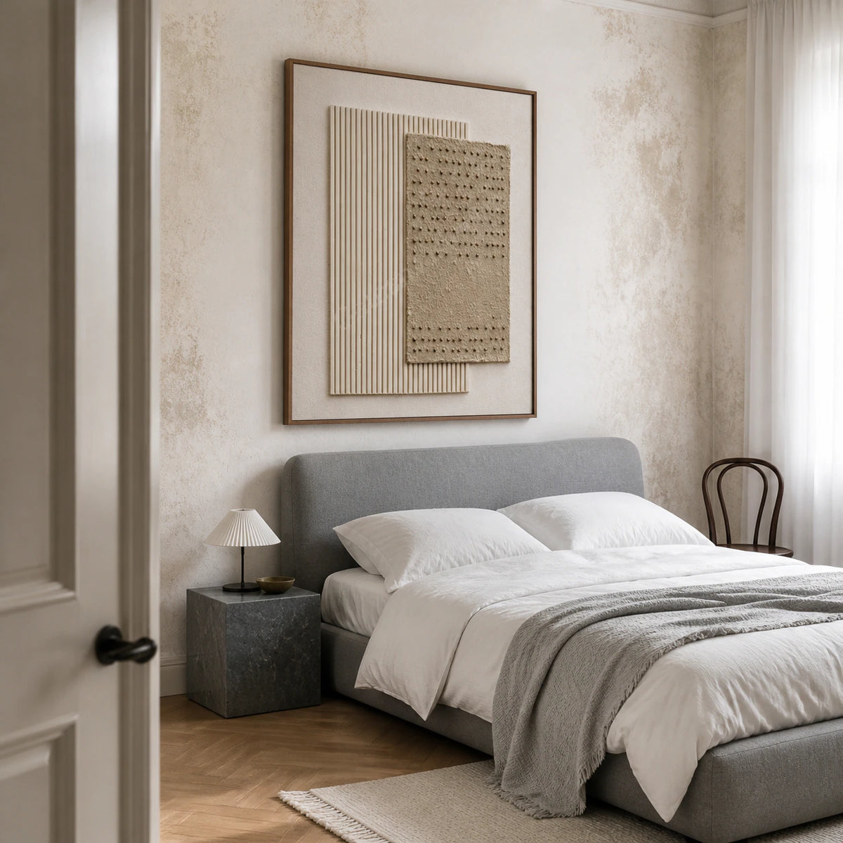 Tactile-Grid bringing quiet texture to a calm, airy bedroom.