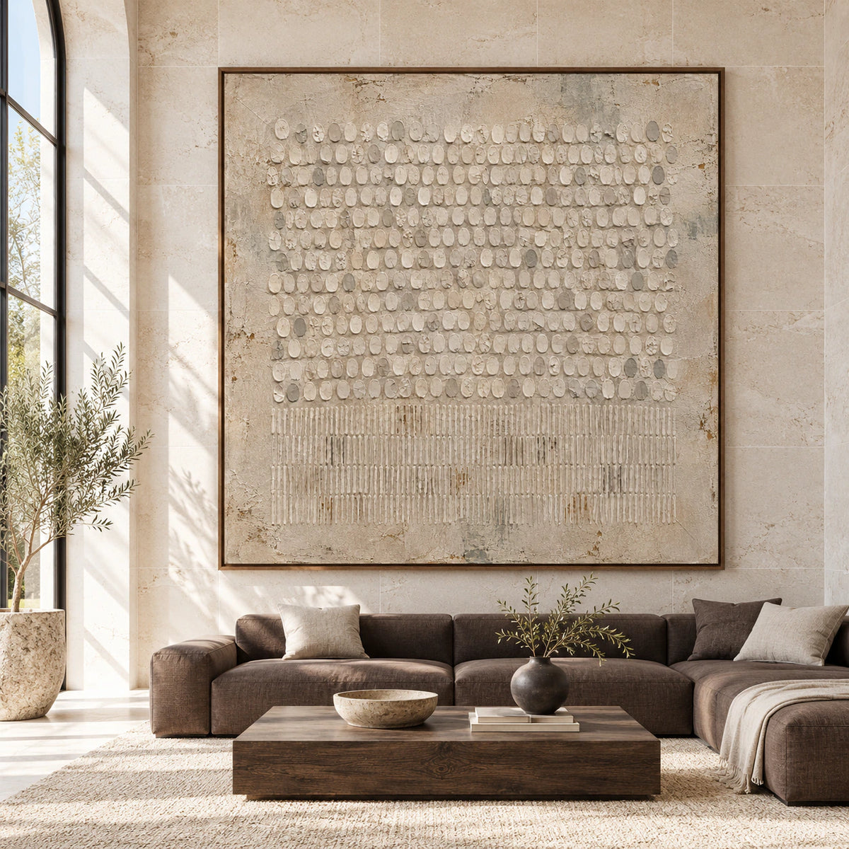 Large square textured abstract painting displayed straight-on in a spacious daylight-filled interior.