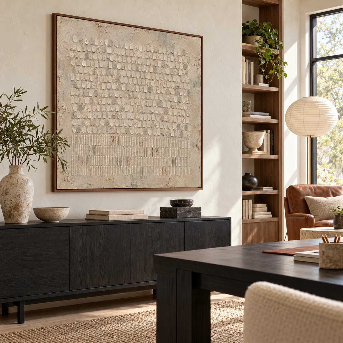 Square textured abstract painting in an airy reading and home office space.