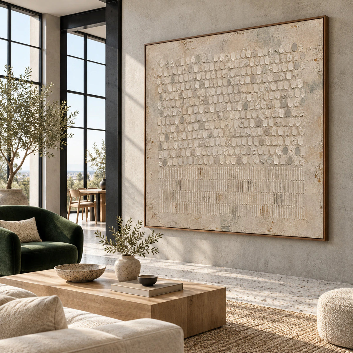 Square textured abstract painting in a bright expansive hospitality loft interior.