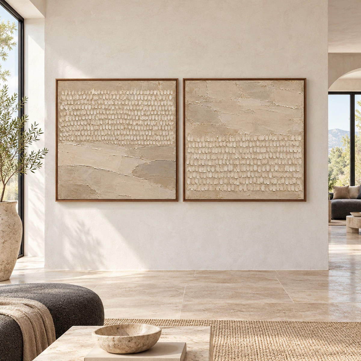 Large straight-on view of the Tactile-Interval beige textured diptych in slim walnut frames, hung side by side in a spacious interior.