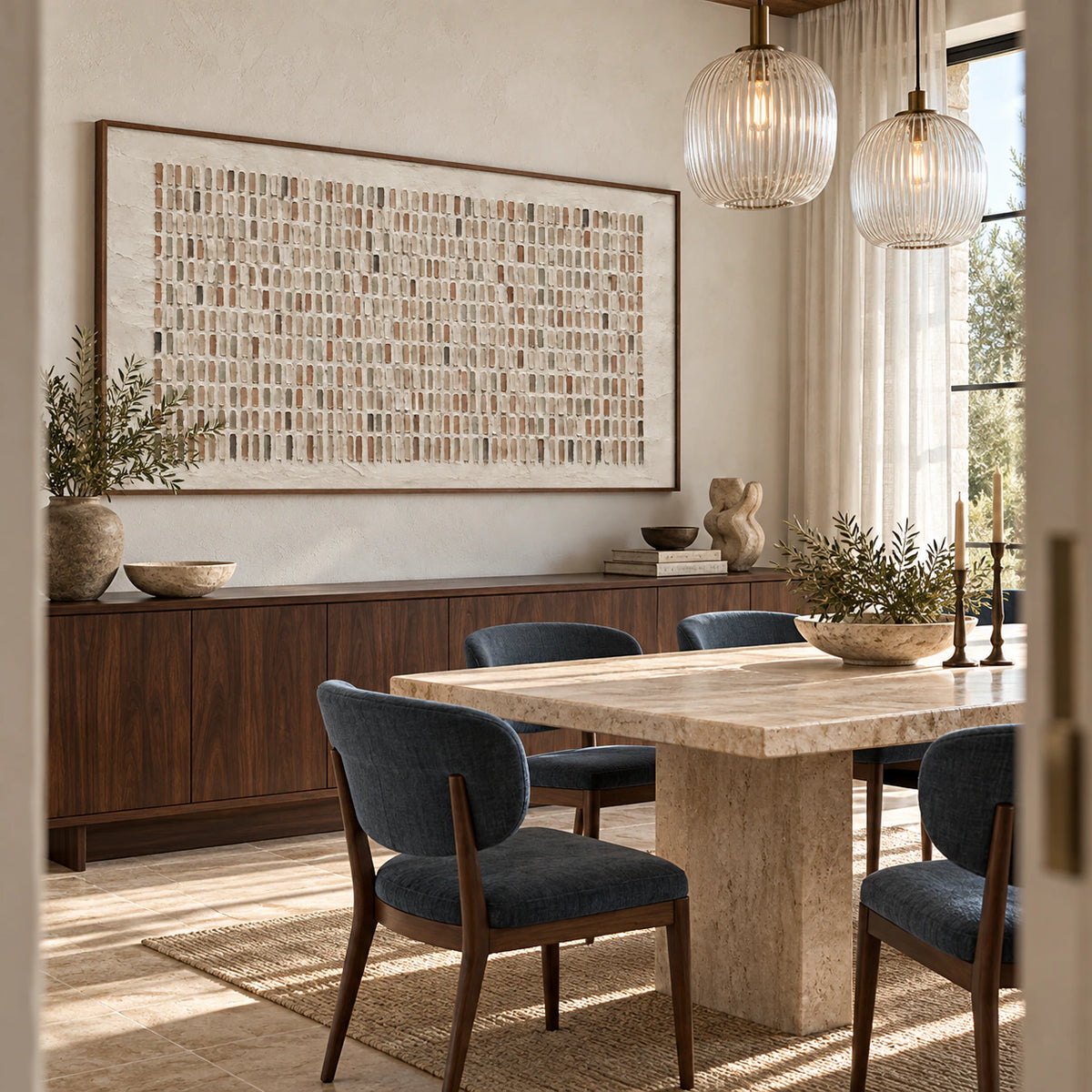 Tactile-Register anchoring a refined daylight dining room.