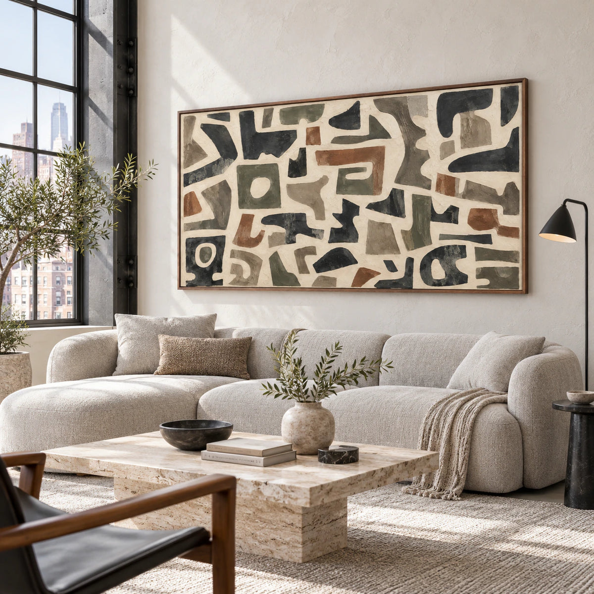 Tactile-Relic as the focal artwork above a sofa in a bright contemporary living room.