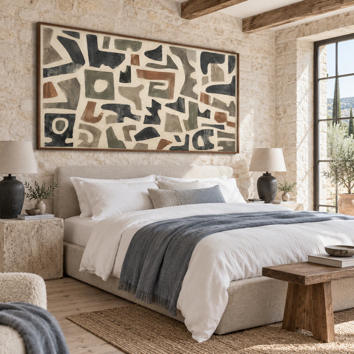 Tactile-Relic anchoring a serene bedroom with soft natural light.