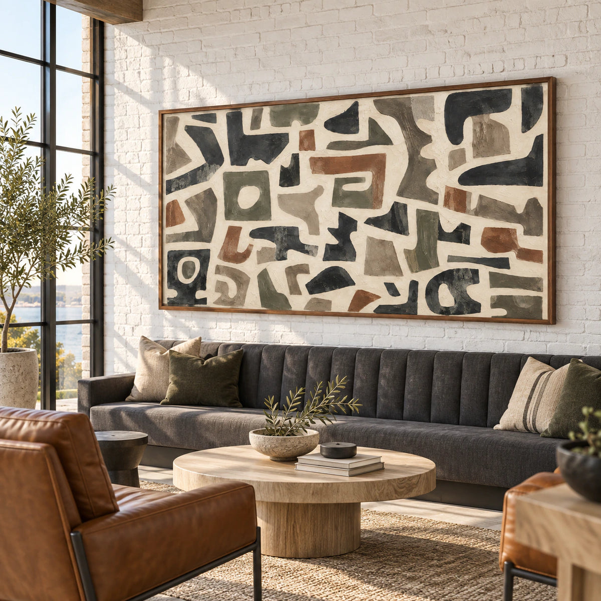 Tactile-Relic as a large focal artwork in an expansive loft hospitality interior.