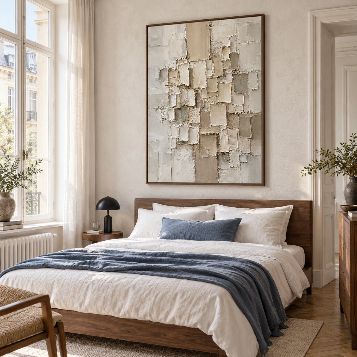 Tactile-Remains above a calm bed in a bright quiet bedroom.
