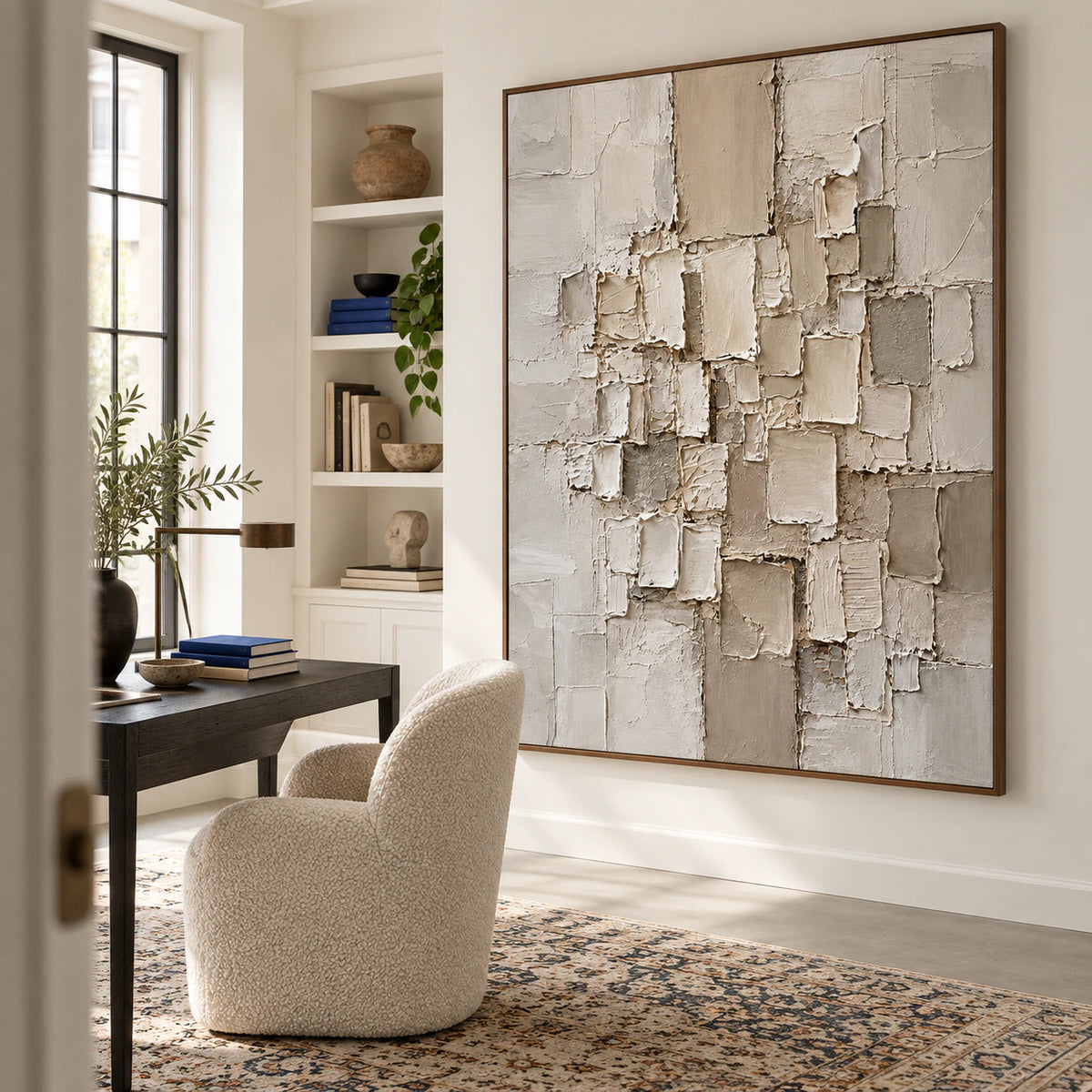 Tactile-Remains featured in an airy home office reading space.