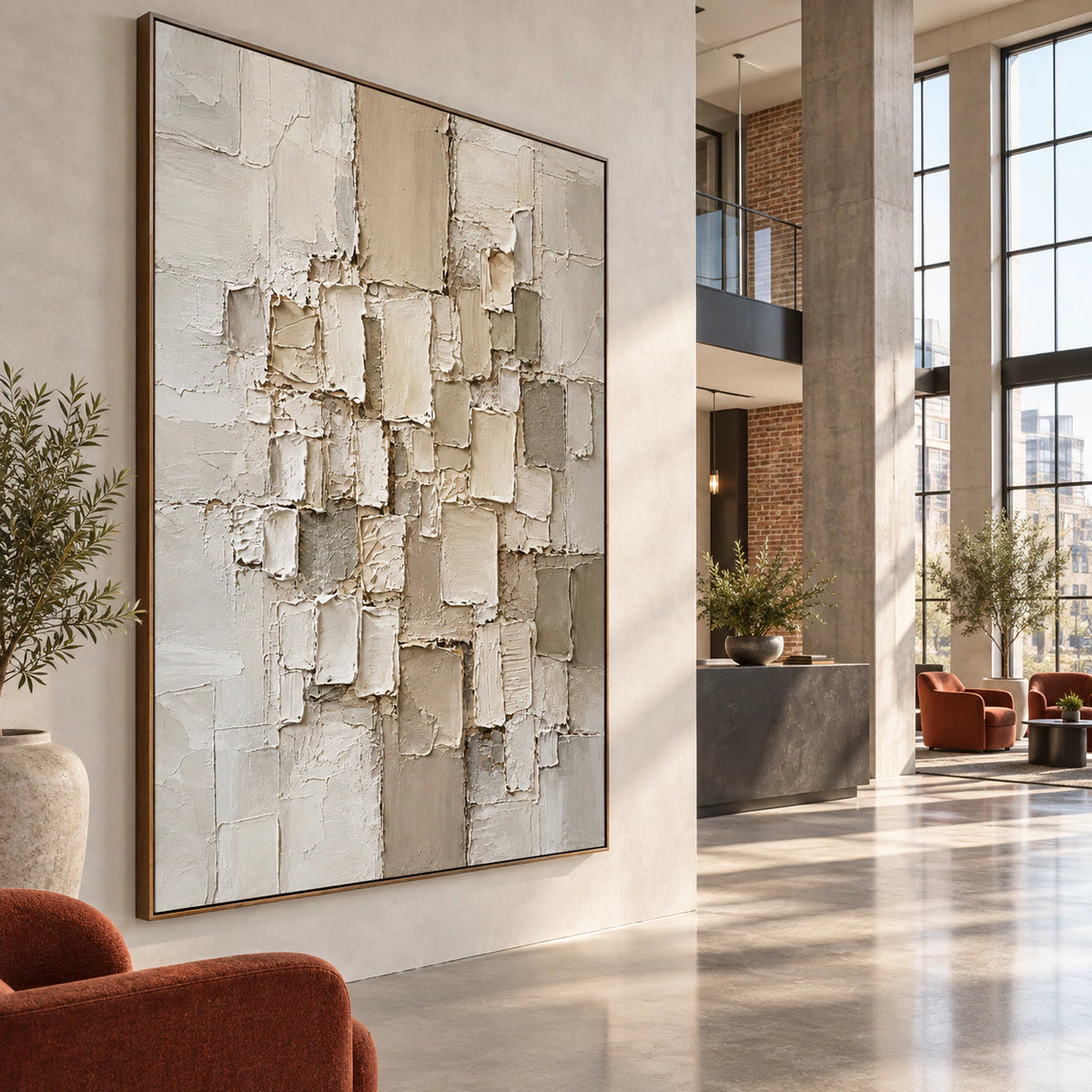 Tactile-Remains as a large focal artwork in an expansive hospitality loft.