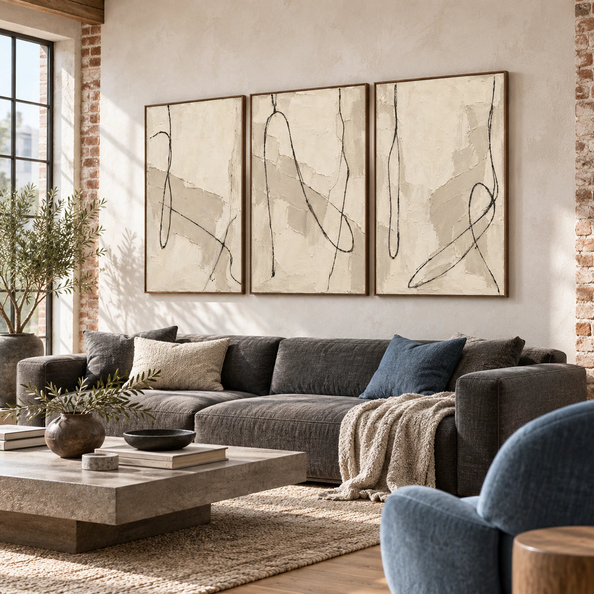 Tactile-Script triptych above a sofa in a bright contemporary living room.