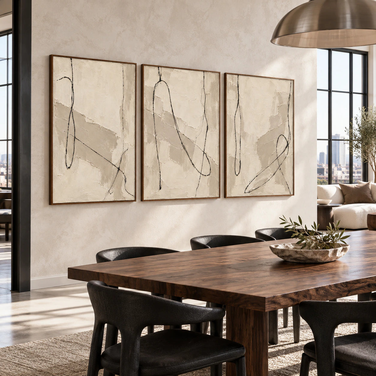 Tactile-Script triptych in a refined daylight dining room.