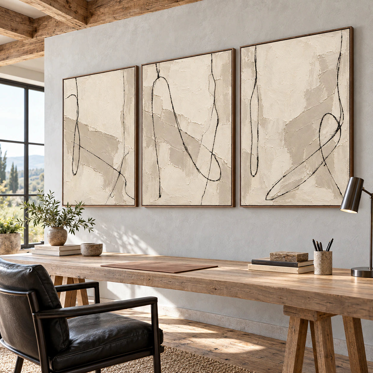 Tactile-Script triptych in an airy reading and home-office space.