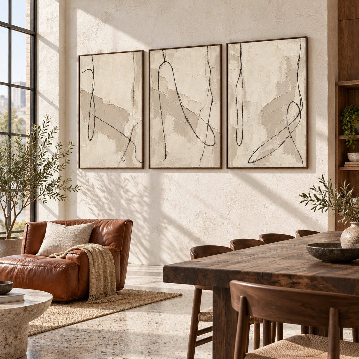 Tactile-Script triptych in an expansive daylight hospitality loft.