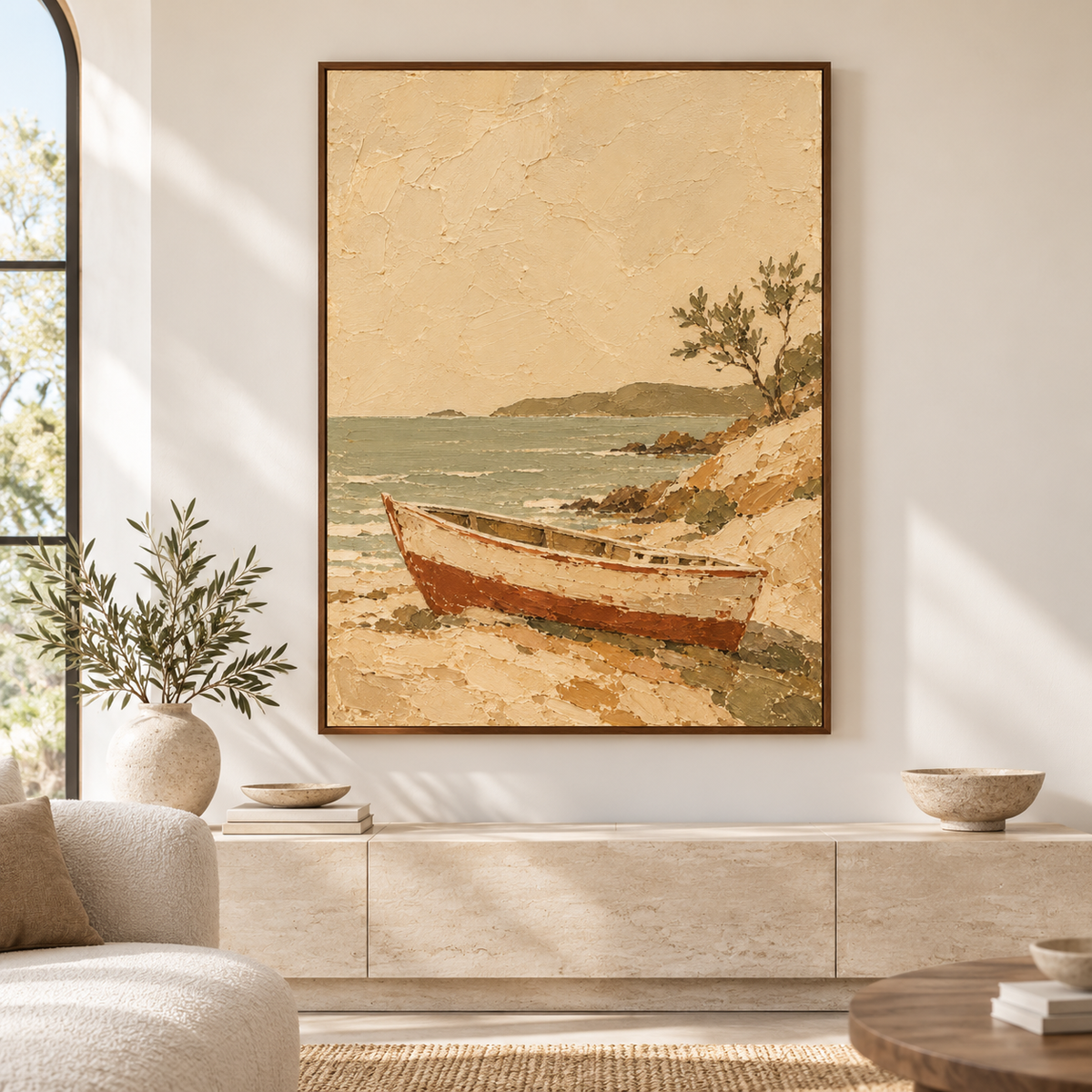 Straight-on view of Tawny-Anchorage displayed at large scale above a low console in a spacious, bright living room with restrained decor and natural daylight.