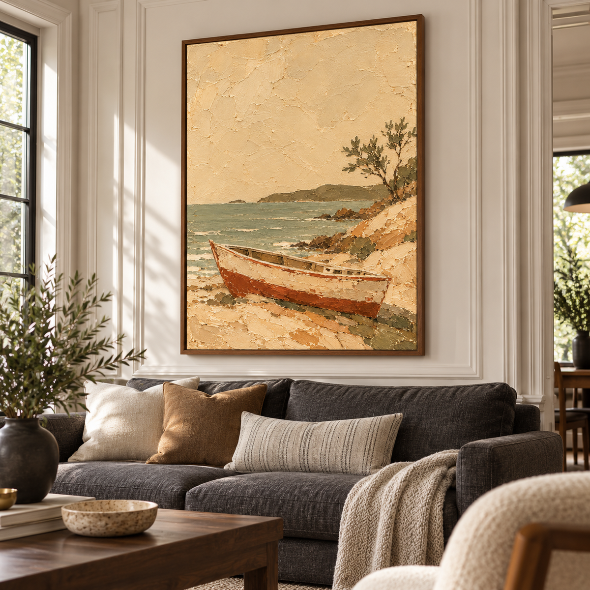 Tawny-Anchorage above a charcoal linen sofa, viewed from the left at seated height in a bright living room with pale plaster walls and a dark side table.