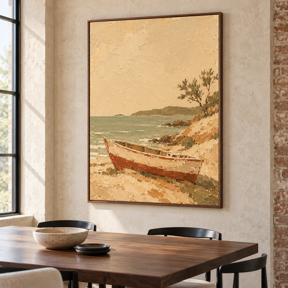Tawny-Anchorage on a pale limestone dining room wall, viewed from the right at standing height, with a dark walnut table, slender black chairs and window daylight.