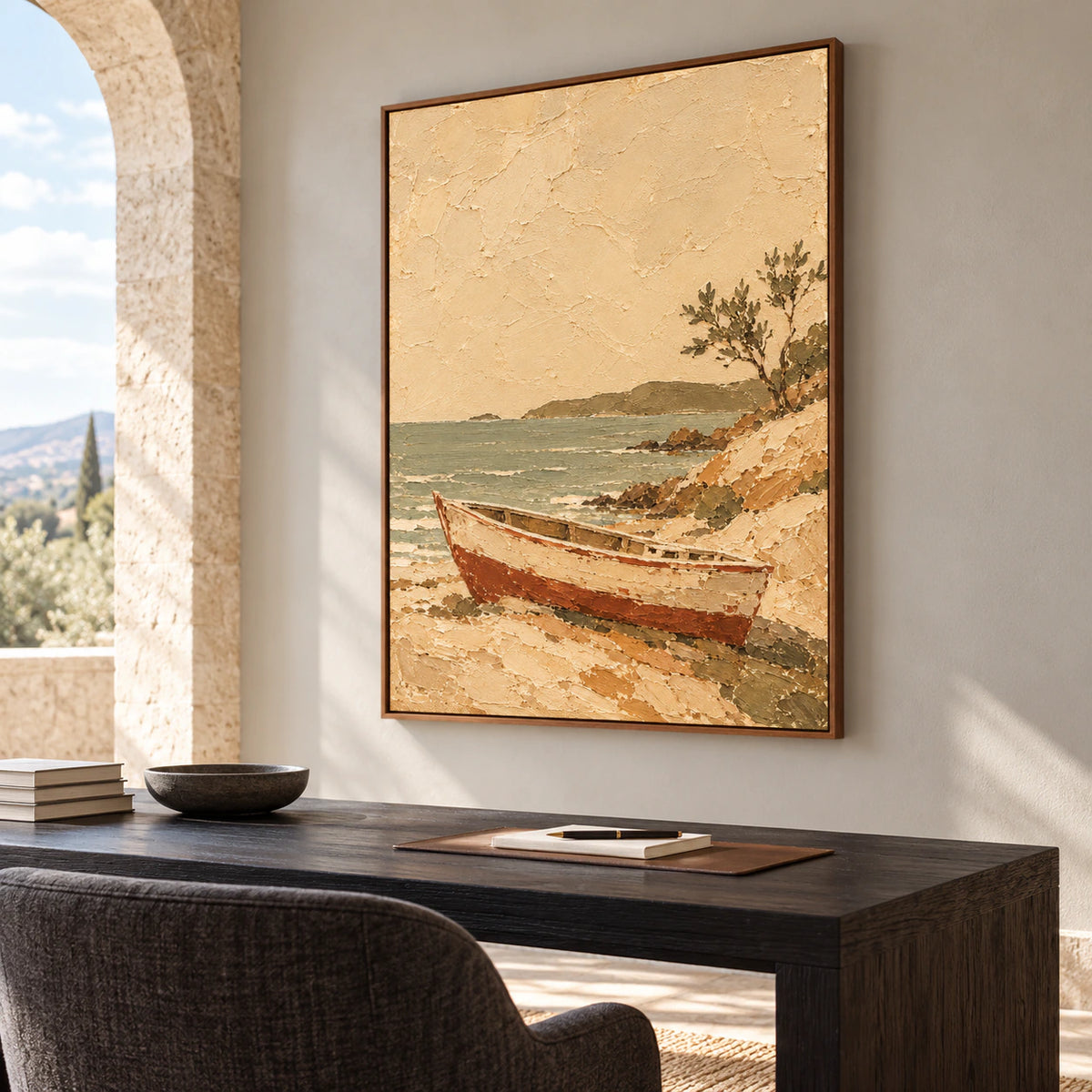 Tawny-Anchorage above a blackened-wood desk against a cool-grey wall, viewed from the right at desk height in an airy office with a simple chair and natural daylight.