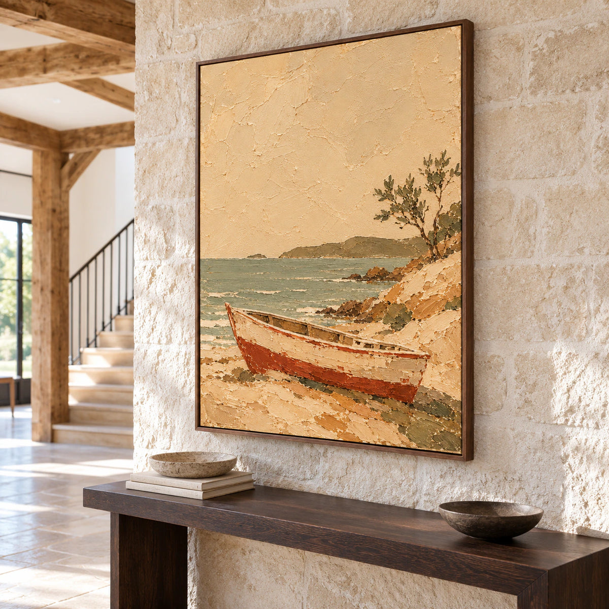Tawny-Anchorage on a tall pale stone foyer wall above a narrow dark console, viewed from the left, with a bright stairwell and stone floor.