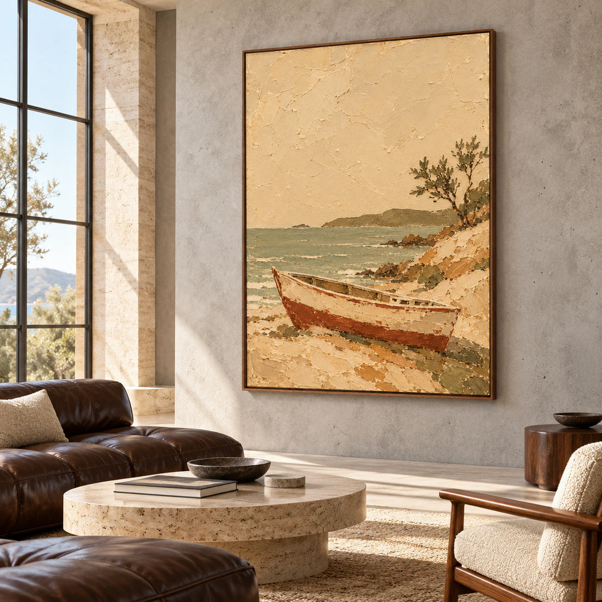 Tawny-Anchorage on a broad cool-toned concrete wall, viewed from the right at a distance in a bright loft interior with tall windows and dark leather seating.