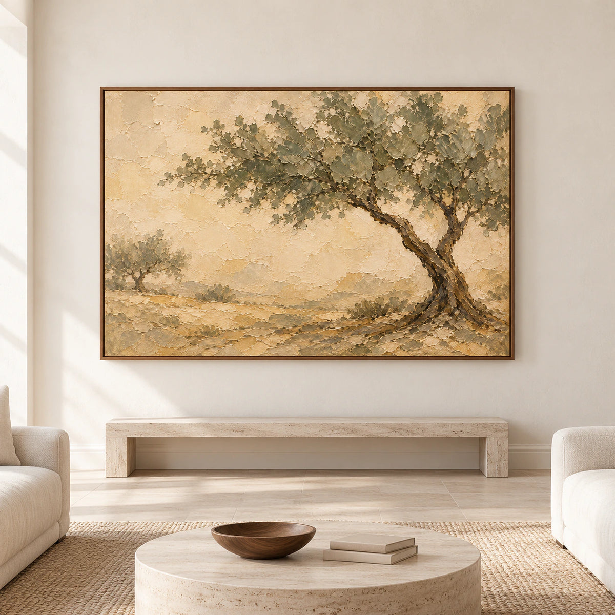Large horizontal textured landscape painting with a dark spreading tree, displayed prominently on a spacious light wall.