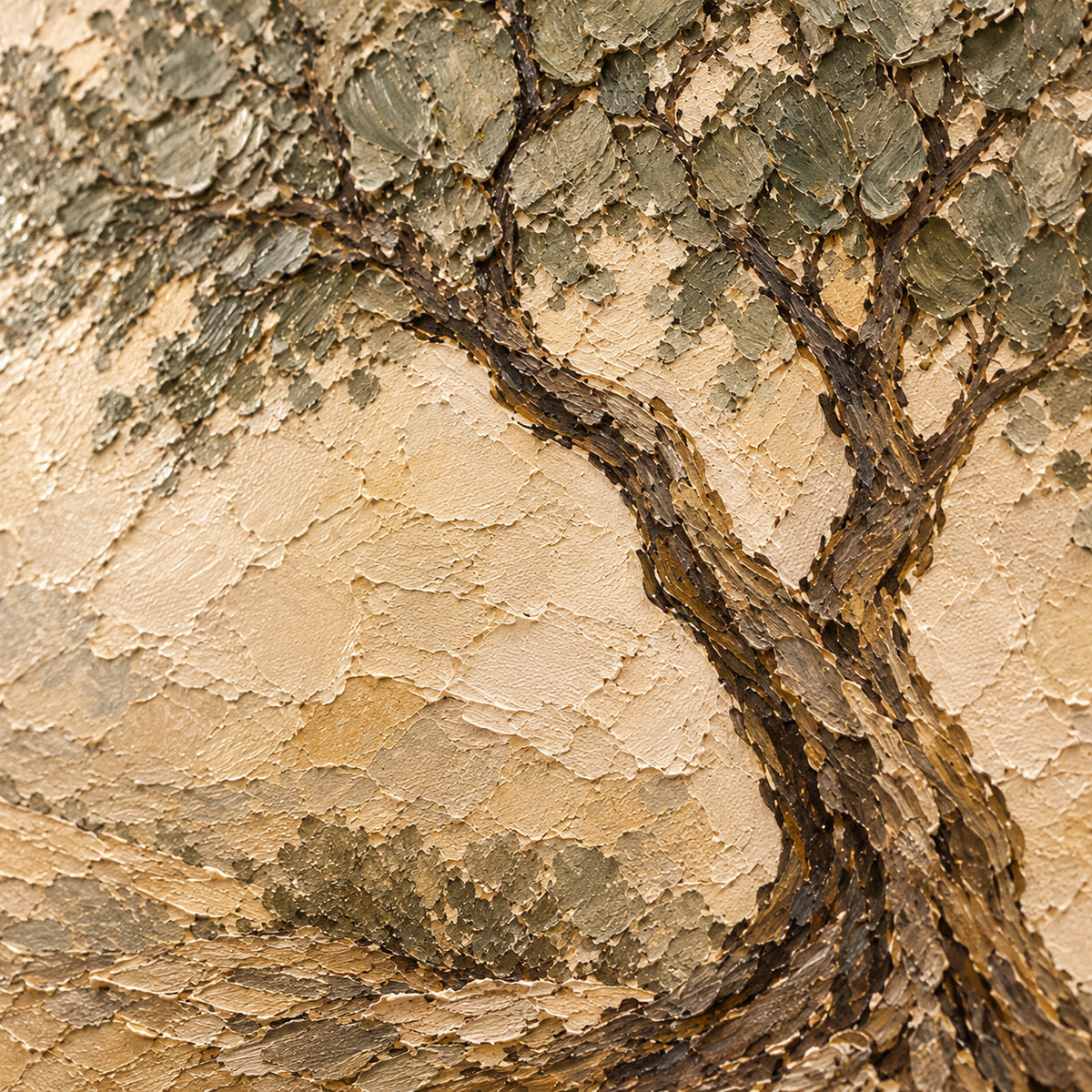 Tawny-Arbor oil painting brushwork and impasto detail photographed from an oblique side angle