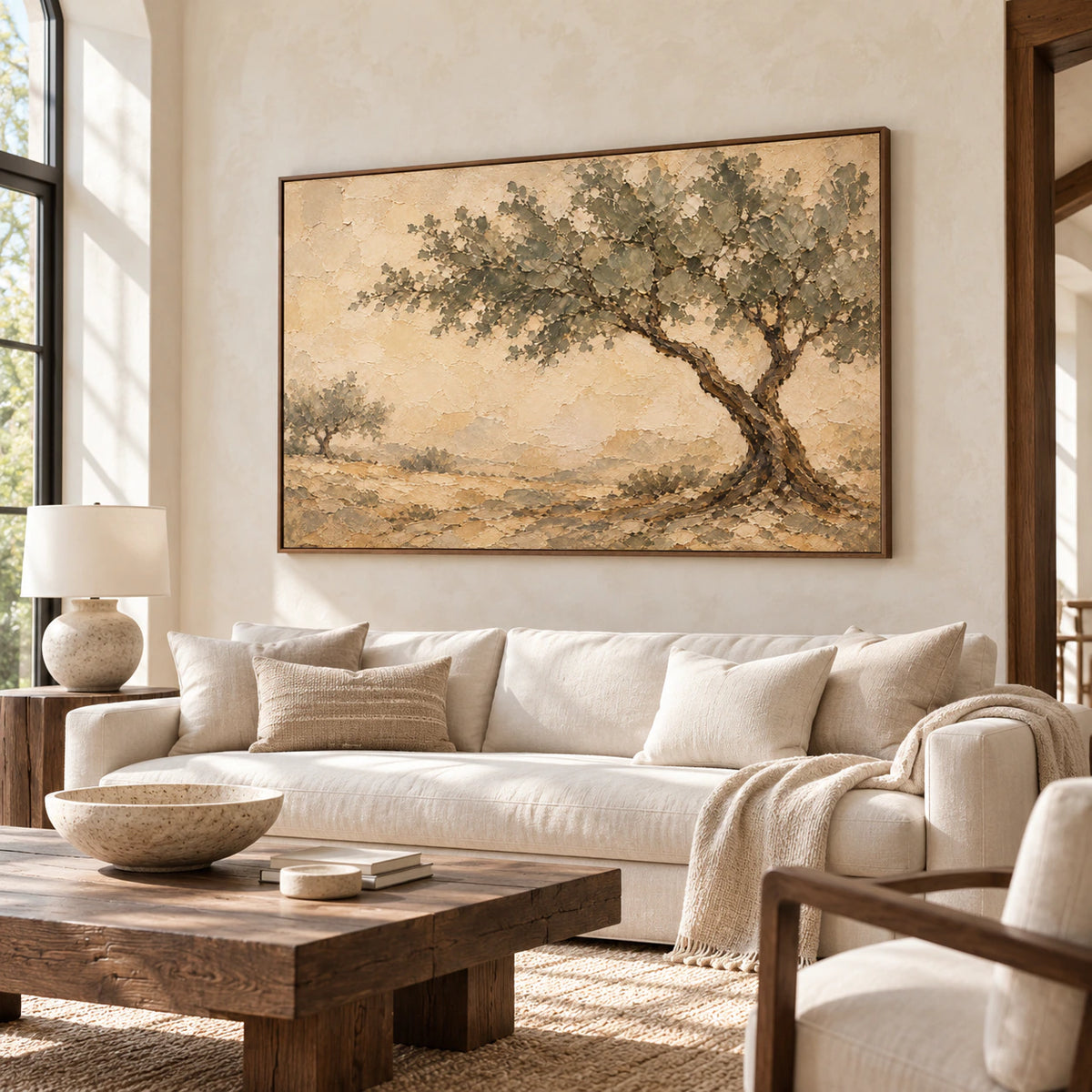 Textured ochre tree landscape displayed above a restrained pale sofa in a bright living room.