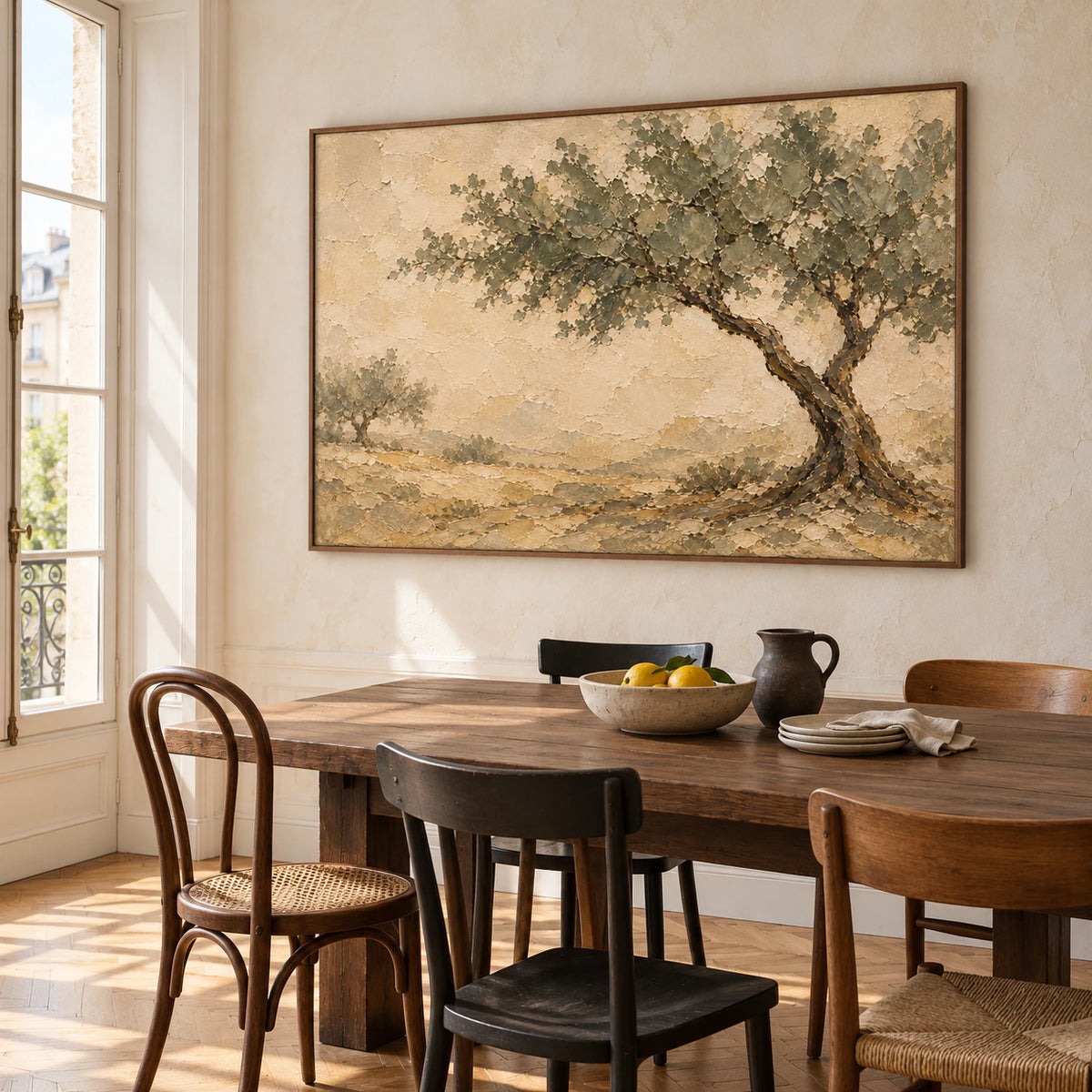 Horizontal landscape painting above a dark wood dining table in a refined, sunlit dining room.