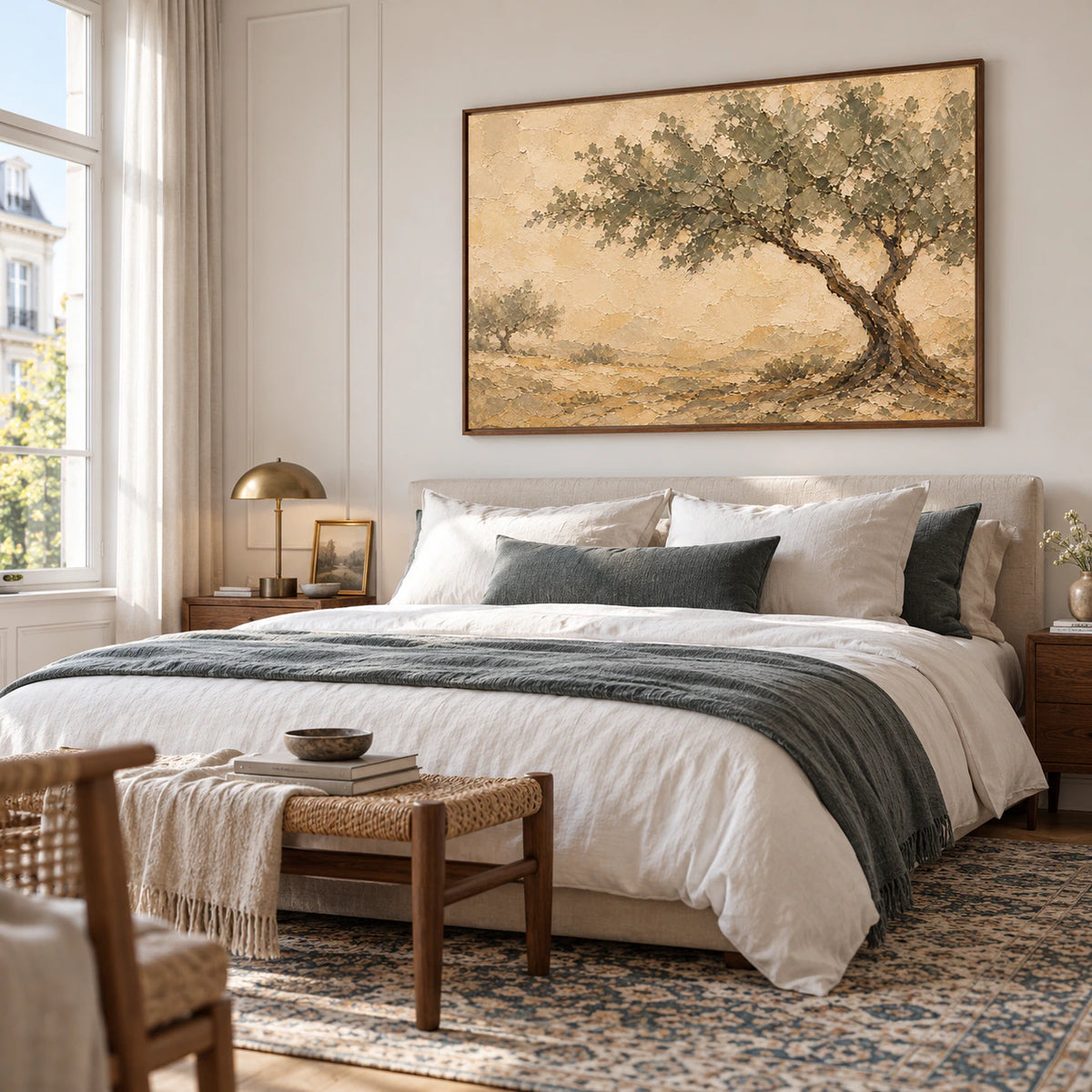 Textured tree landscape centered above a low bed in a quiet, daylight-filled bedroom.