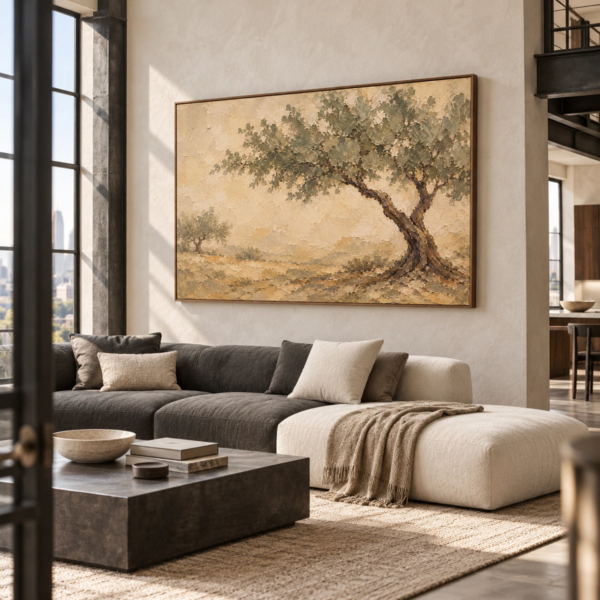 Textured landscape painting commanding a broad wall in an expansive, daylight-filled loft interior.