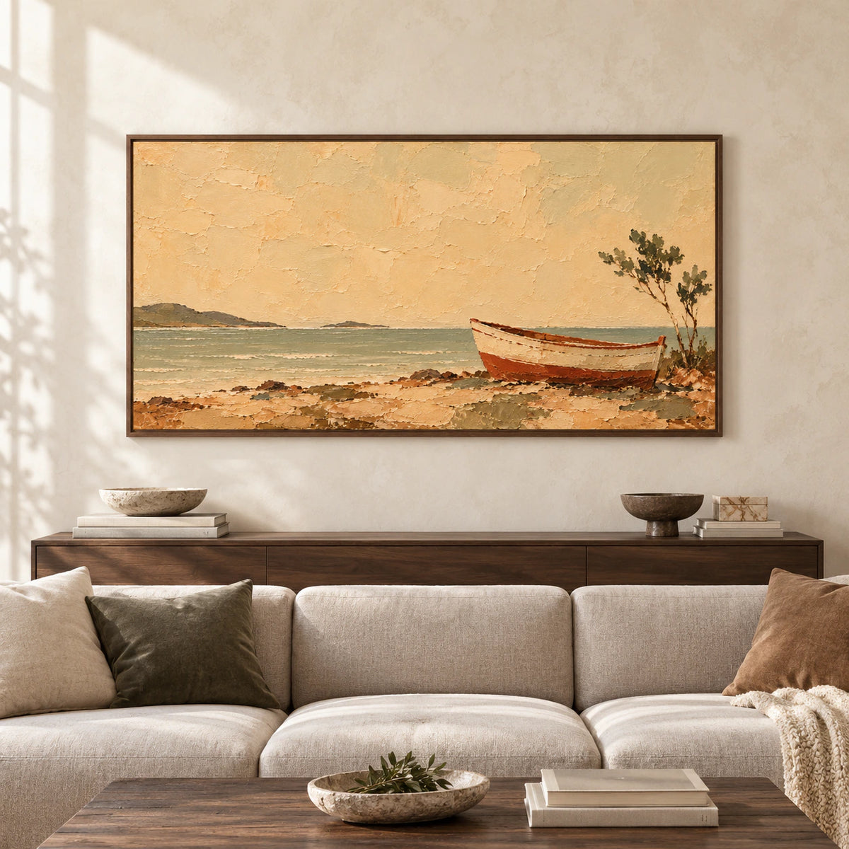 Large Tawny-Mooring panoramic painting displayed straight-on above a low console in a spacious, bright living room.