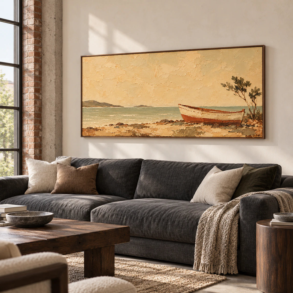 Tawny-Mooring displayed above a charcoal sofa in a bright living room with pale walls and natural daylight.