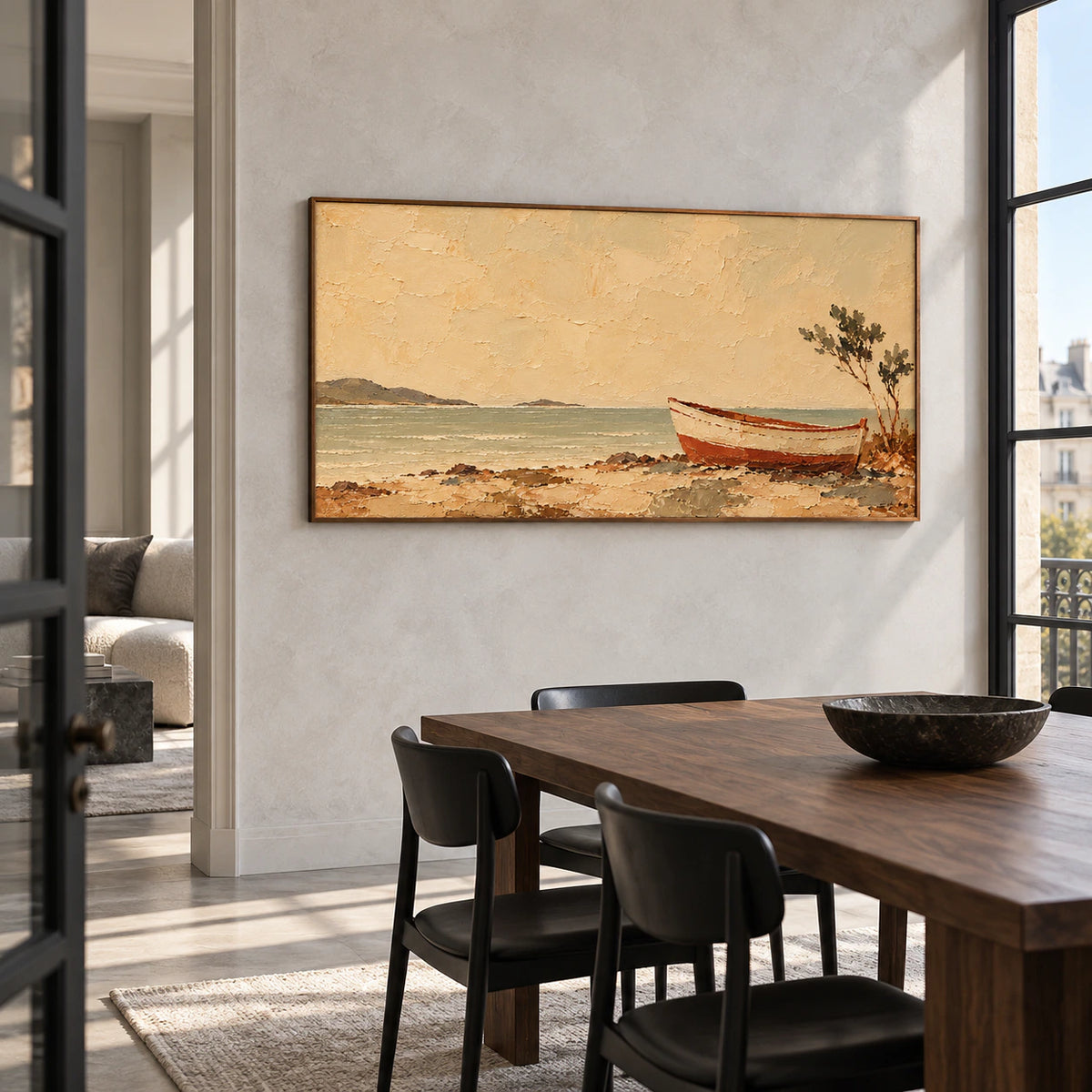 Tawny-Mooring displayed on a light stone wall in a refined dining room with a dark wood table and daylight from tall windows.