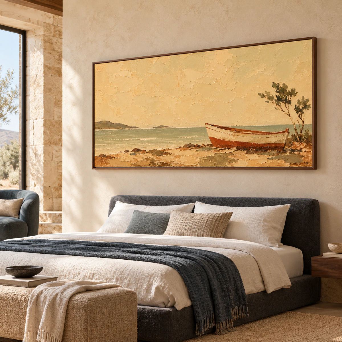 Tawny-Mooring displayed above a low bed in a quiet, bright bedroom with pale linen and restrained furnishings.