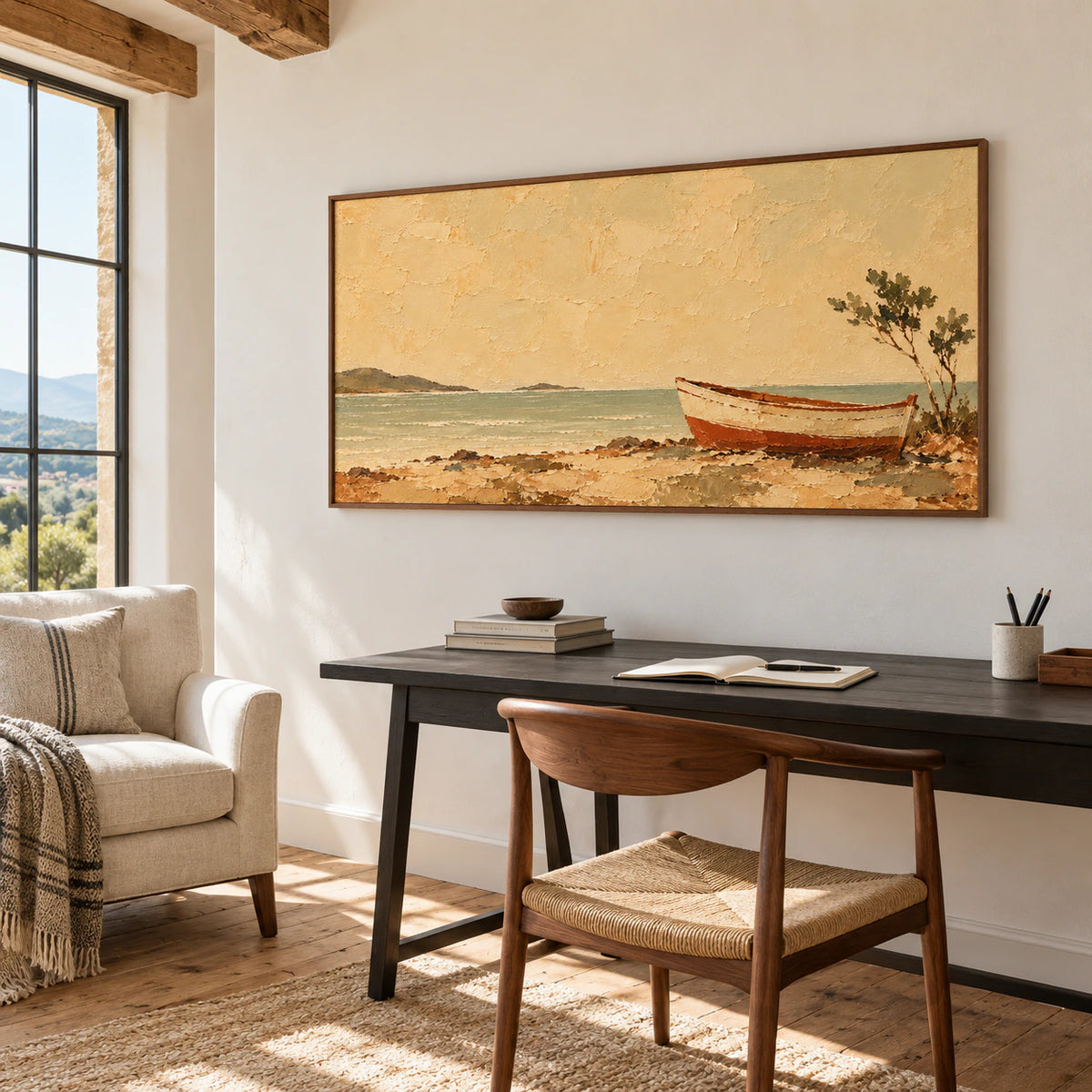 Tawny-Mooring displayed in an airy home office beside a simple desk and a tall window, with soft natural light.