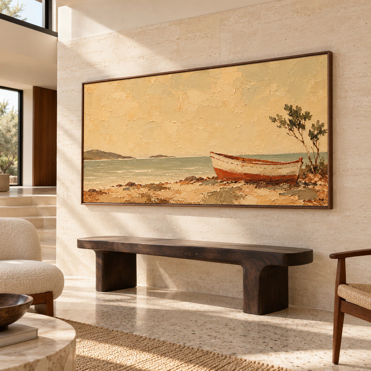 Tawny-Mooring displayed at large scale in a bright gallery-like foyer with a stone floor and sculptural bench.