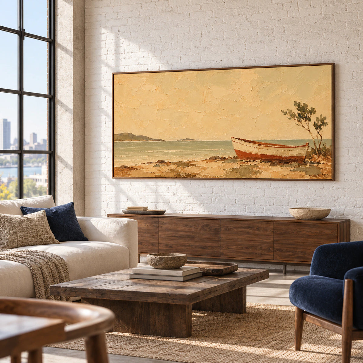 Tawny-Mooring displayed prominently in an expansive loft interior with high ceilings, large windows and restrained furnishings.