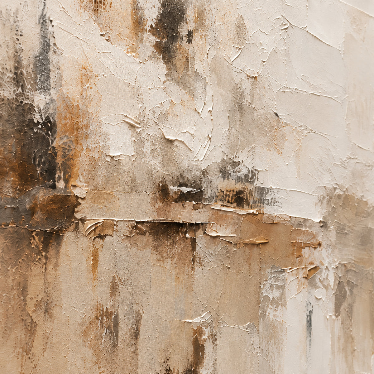 Close detail of Tawny-Palimpsest from an oblique side angle, with grazing light revealing raised paint, layered edges and fine surface texture.