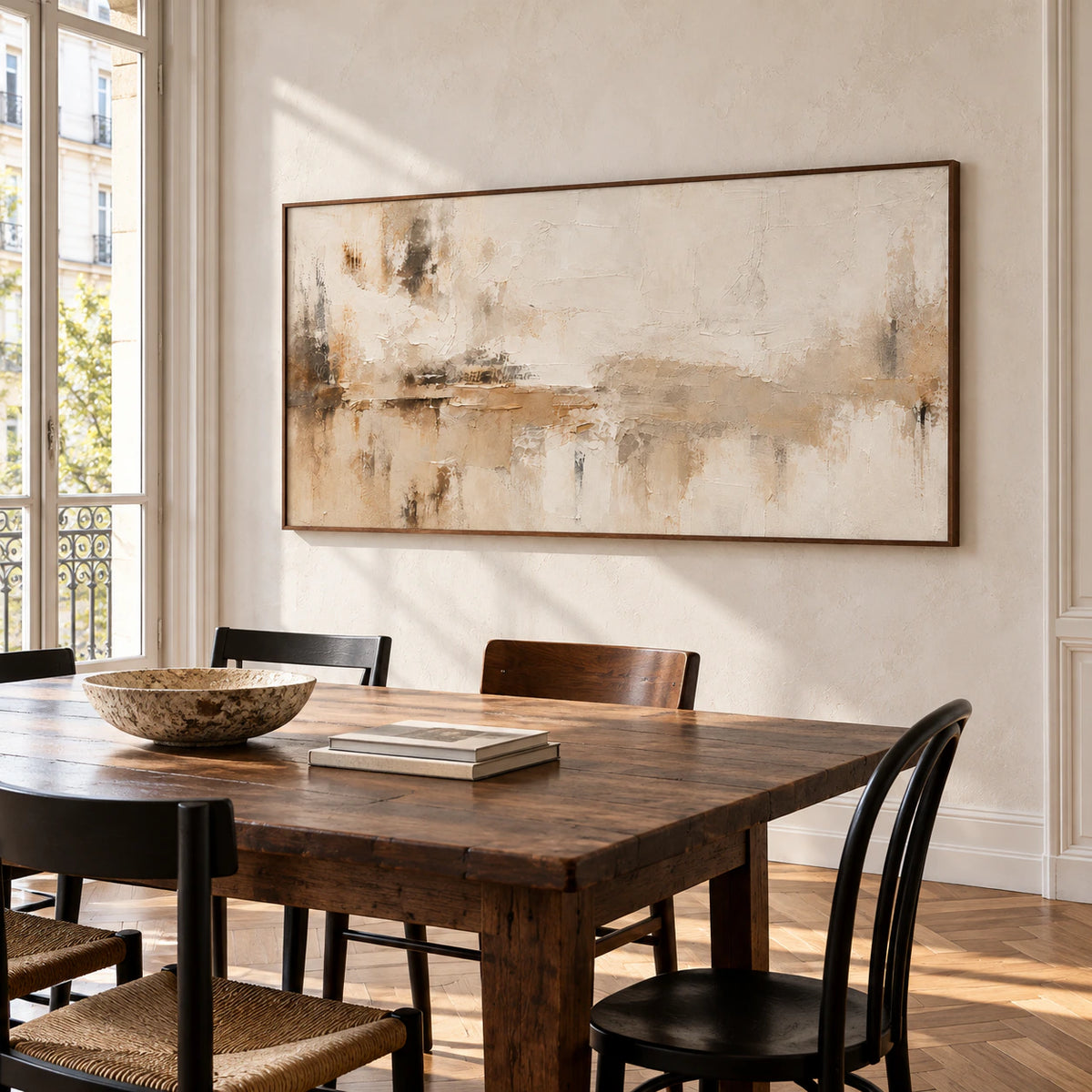Tawny-Palimpsest on a light plaster dining room wall above a dark walnut table with black chairs, viewed from a slight right angle in daylight.