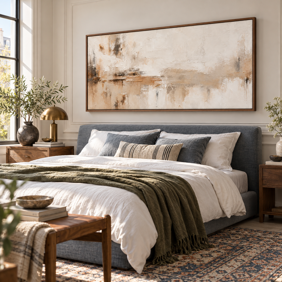 Tawny-Palimpsest above a low bed with white linens and a slate headboard, viewed from a gentle left angle in soft daylight.