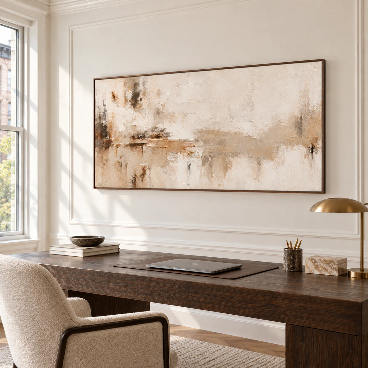 Tawny-Palimpsest above a dark desk beside a cream-upholstered chair in a bright home office, viewed from a right angle.