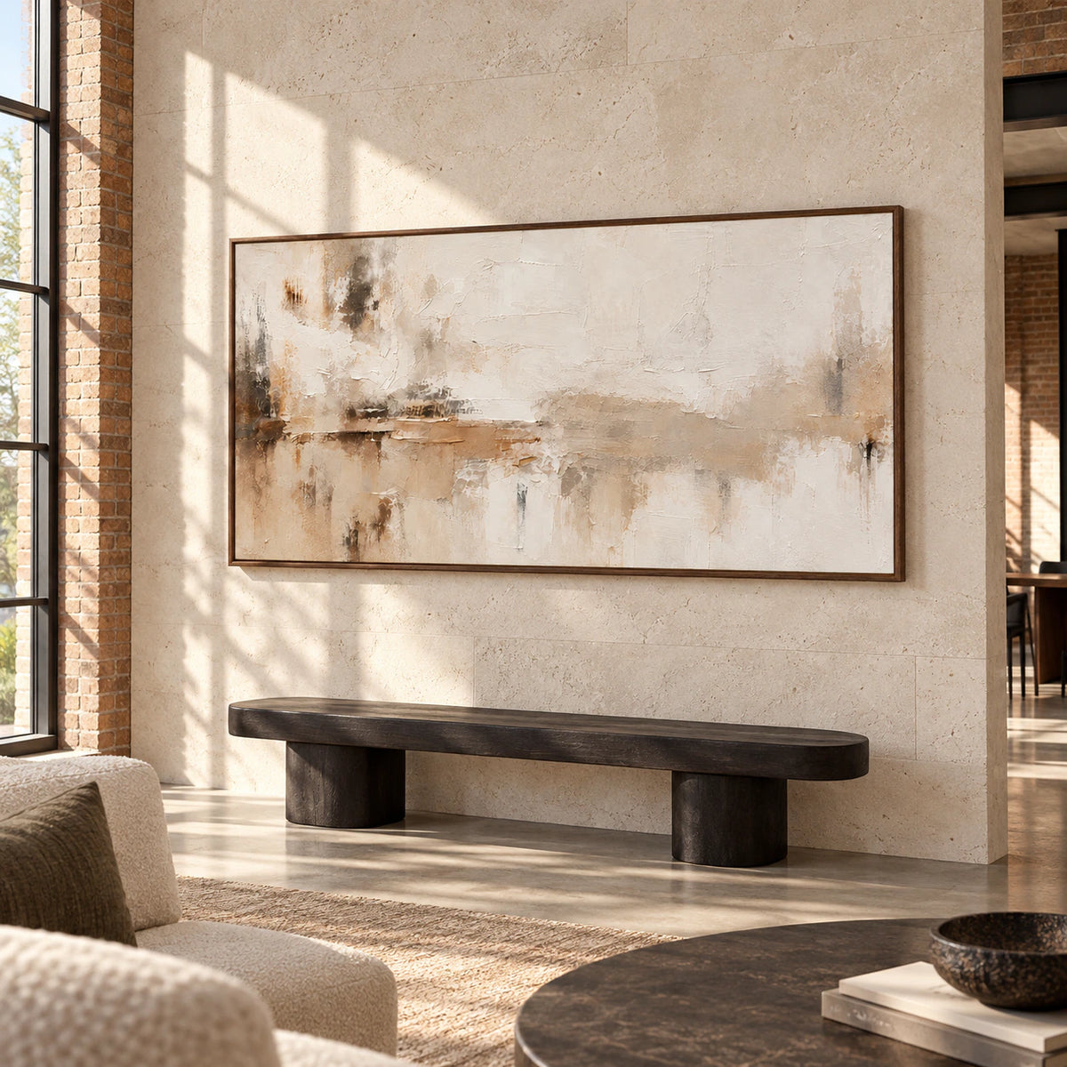 Tawny-Palimpsest on a tall pale stone foyer wall with a sculptural dark bench and open floor space, viewed from a slight left angle in daylight.