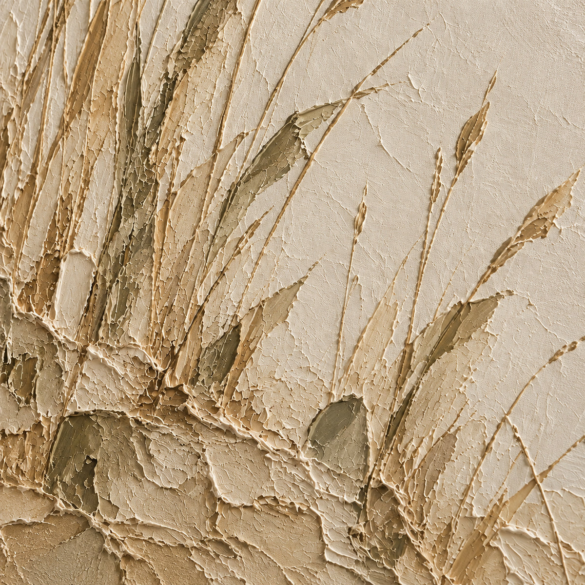 Oblique close-up of the Tawny-Reeds oil painting surface, with grazing light revealing raised paint, irregular ridges and shallow shadows.