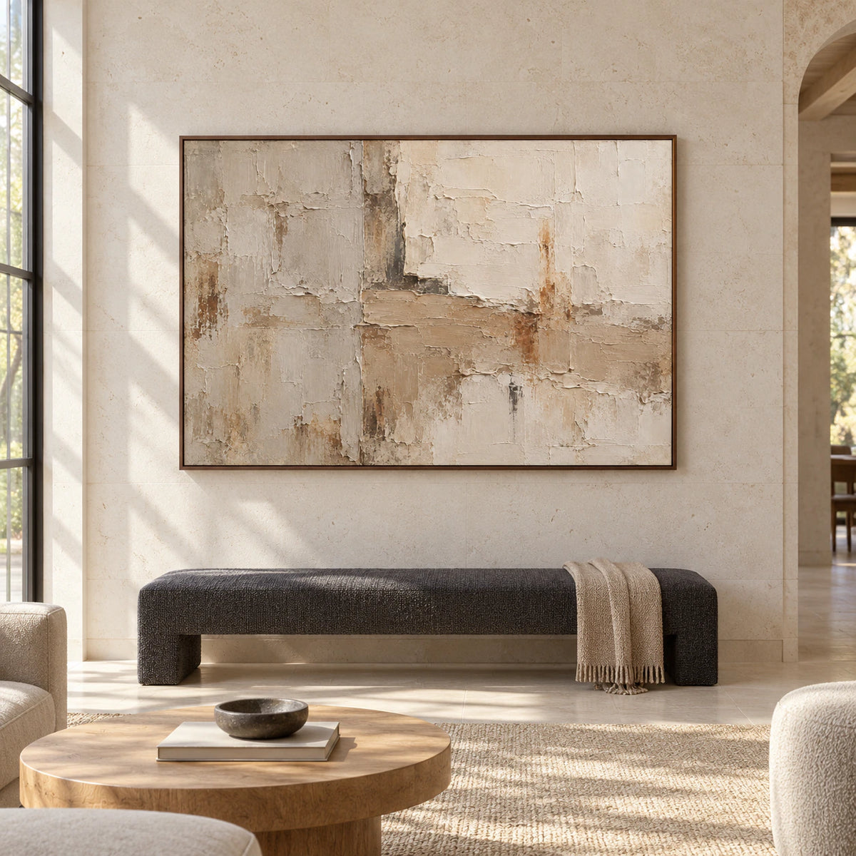 Large horizontal textured abstract artwork displayed straight-on as the focal point of a spacious, bright room.