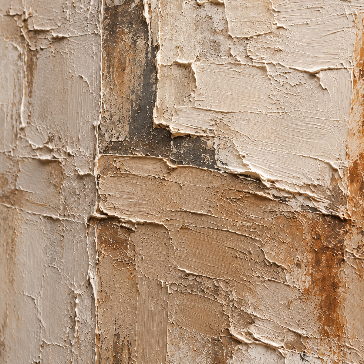 Tectonic-Parchment oil painting brushwork and impasto detail photographed from an oblique side angle