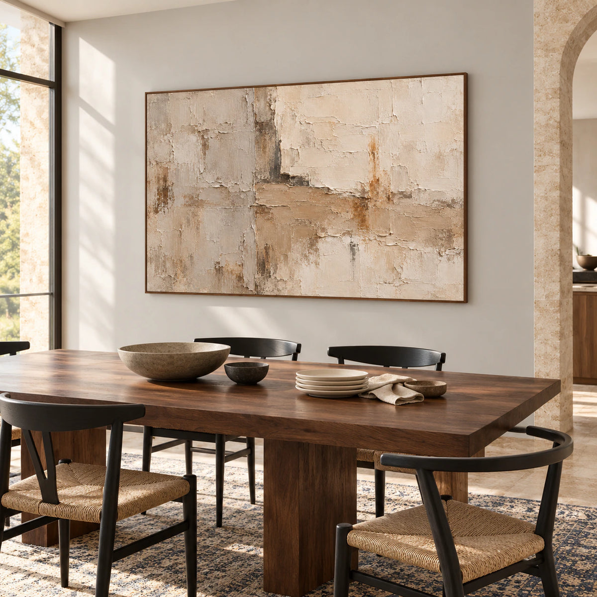 Horizontal textured abstract artwork anchoring a refined dining room with a long table and understated chairs.