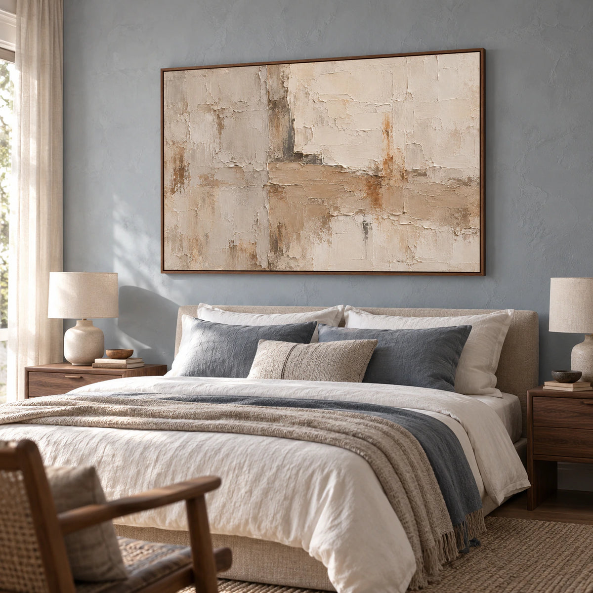 Textured abstract artwork above a quiet bedroom’s simple bed, in soft natural daylight.