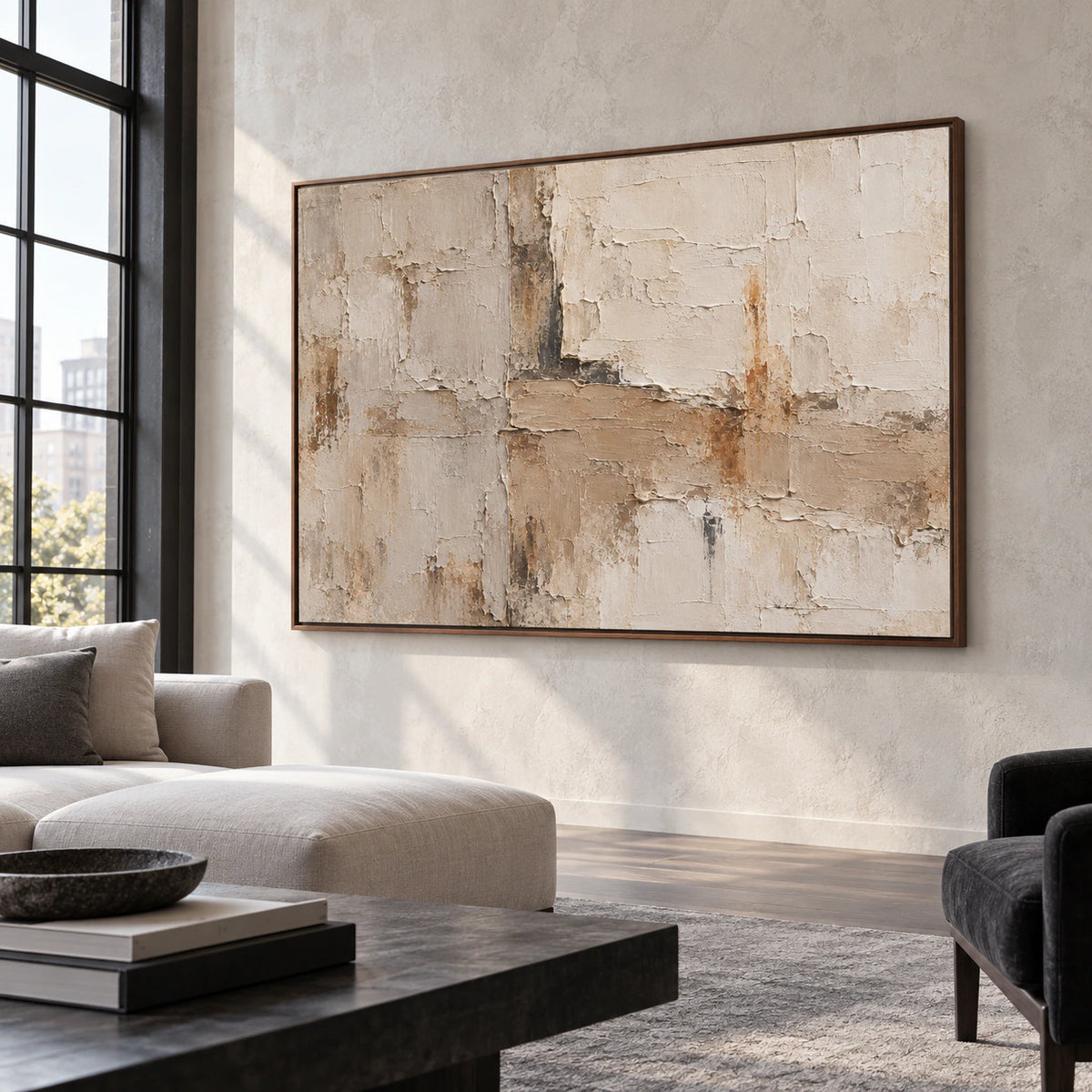 Large horizontal abstract artwork in an expansive loft interior with generous daylight and open architectural space.