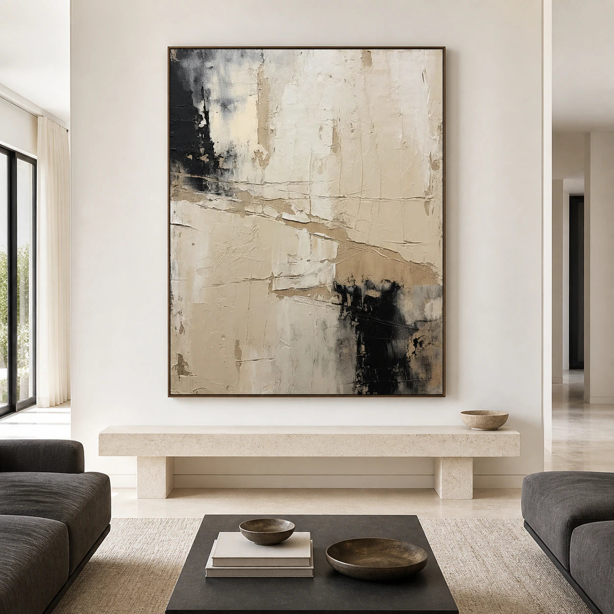 Large straight-on gallery interior featuring the ivory, beige, and charcoal textured abstract painting.